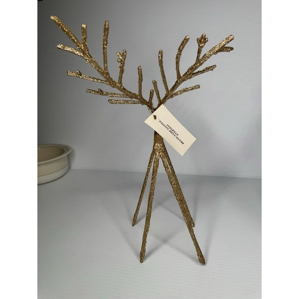 Set of 2 Gold Glitter Reindeer Figurines Tall Branch Antlers Christmas Decor
